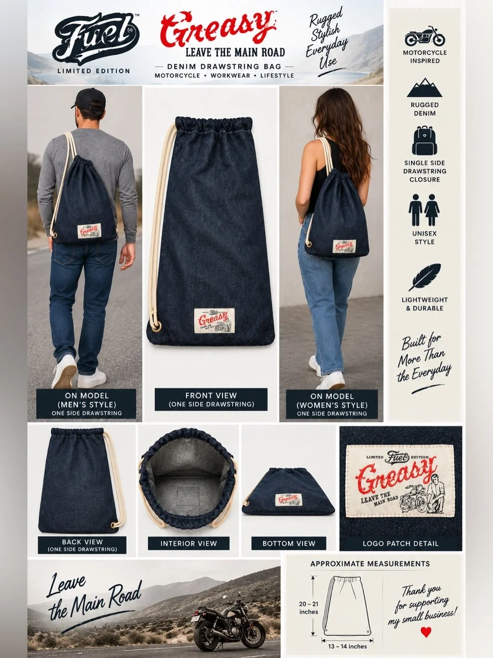 Fuel Greasy Limited Edition Denim Drawstring Bag Motorcycle Biker Indigo